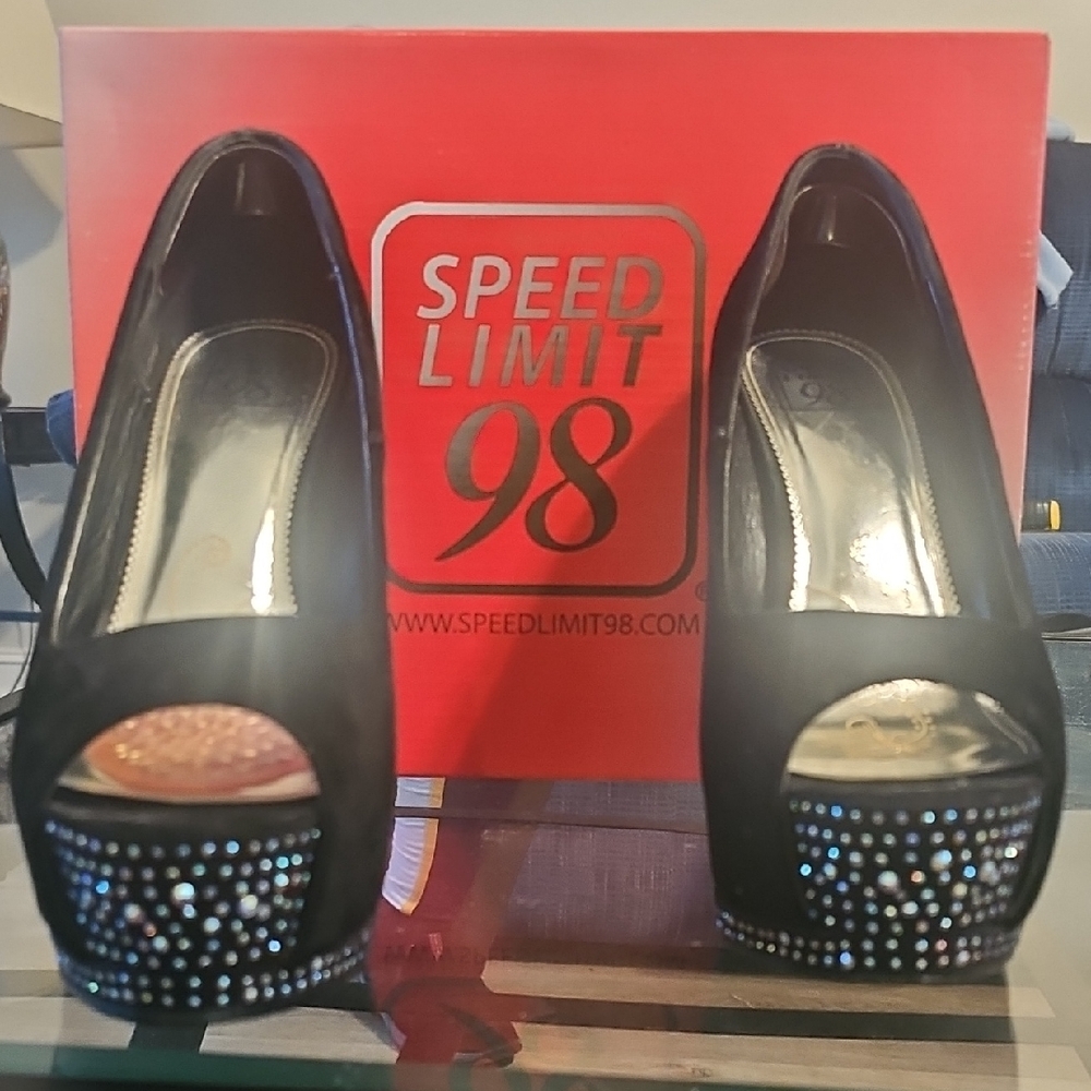Speed Limit 98 Black Rhinestone Peep Toe Heels